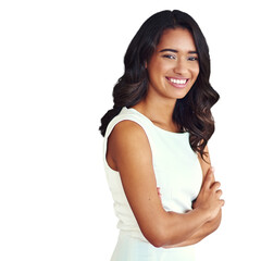 Portrait, arms crossed and a happy business woman isolated on a transparent background for...