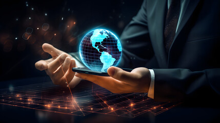 planning and strategy, Stock market, Business growth, progress or success concept. Hand of Businessman or trader touching showing a growing virtual hologram stock on smartphone, invest. generative ai.