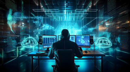 Programmers and cyber security technologies design websites and security in the Social World, cyberspace concepts. generative ai.