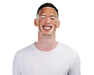 Smile, portrait and face of man with vitiligo, natural skincare or isolated on transparent png...