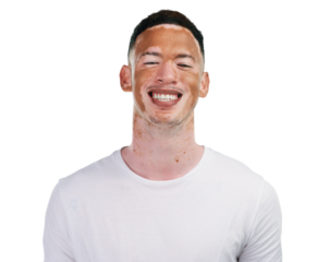 Smile, portrait and face of man with vitiligo, natural skincare or isolated on transparent png background. Happy, confident or young guy with melanin hyperpigmentation, unique facial beauty and pride