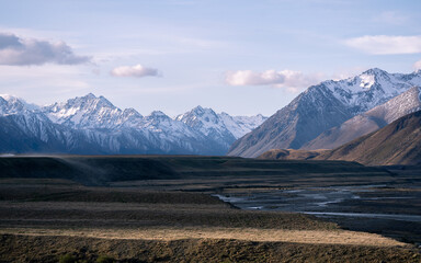 New Zealand mountain landscape at sunset