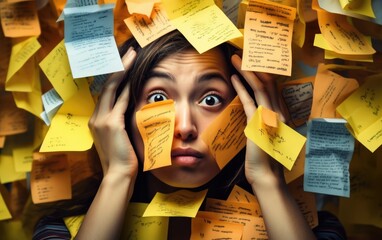 A young woman covering her head and sticky notes everywhere around her