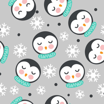 Kids Seamless pattern with Penguin and snow, Baby night suit vector design