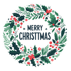 Obraz premium christmas wreath with present and merry christmas written in center vector illustrations