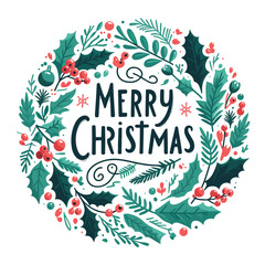 christmas wreath with present and merry christmas written in center vector illustrations