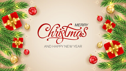 Merry Christmas & Happy New Year greeting with Christmas branch, balls, snowflakes. For sale, banner, posters, cover design templates, social media wallpaper stories