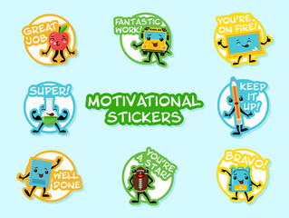 Motivational stickers with quote and childish cartoon characters design template set vector