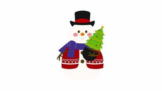 Cute Snowman With Christmas Pine Tree Animation