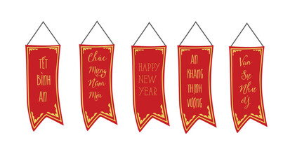 Parallel sentences vector set. Spring festival couplets clip art.  Vietnamese traditional new year clip art. Flat vector in cartoon style isolated on white background.
