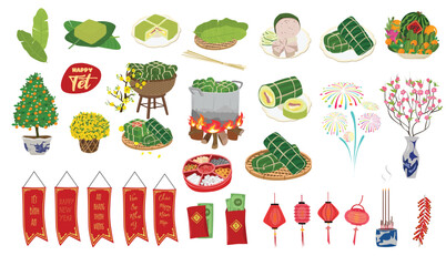 Vietnamese traditional new year vector set. Vietnamese Tet clip art. Kumquat, chung cake, pork sausage, cherry blossom, lantern, firecrack, jam candy tray, five fruit tray. Cartoon flat vector.