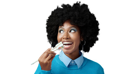 Sushi, happy and face of black woman with seafood on isolated, png and transparent background. Eating, hungry and African person with chopsticks for luxury takeout for lunch, dinner and supper