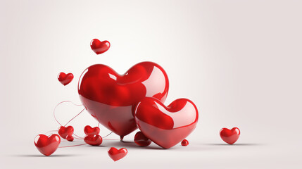 Beautiful bright hearts made of red glass, like holiday balls, on a white background. Saint Valentine's Day, postcard, valentine