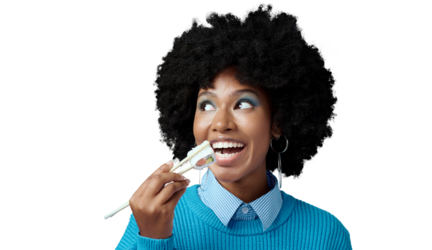 Sushi, happy and face of black woman with seafood on isolated, png and transparent background. Eating, hungry and African person with chopsticks for luxury takeout for lunch, dinner and supper