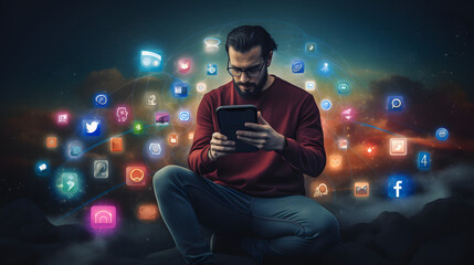 Social media and digital online concept, man using smart phone with Social media. generative ai.