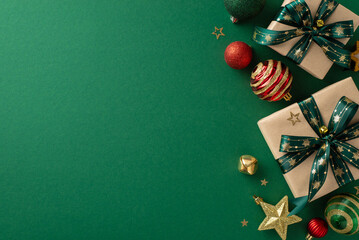Christmas magic captured: Overhead shot of DIY paper gift boxes, opulent ornaments, sparkling star...