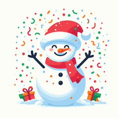 Happy Snowman throws confetti over his head vector illustrations on white background