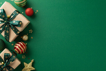 Unleash the holiday spirit with this top view composition showcasing DIY paper gift boxes, premium...