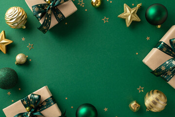 Crafting Christmas joy: Top-down view capturing craft paper gift boxes, luxurious baubles, glittering star ornaments, jingle bell, and golden confetti on a joyful green background