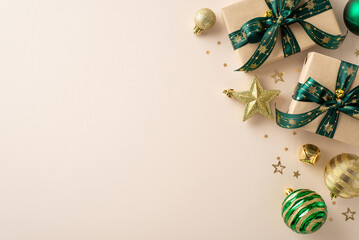 Merry and bright concept: Overhead photo featuring handmade craft paper gift boxes, lavish baubles, glittering star ornament, jingle bell, and confetti arranged on a festive pastel beige backdrop