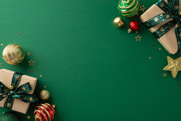 Embrace the spirit of season! Top-down view of exquisite handmade gift boxes, lavish baubles,...