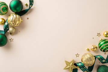 Christmas glamour vision. Top view photo showcasing lavish ornaments, radiant star decor, spiral ribbon, jingling bells, golden confetti on pastel beige surface, offering pristine canvas for promotion