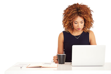 Laptop, desk and business woman with coffee, typing email or search internet in startup. Computer, drink tea and creative copywriter at table writing blog isolated on a transparent png background - obrazy, fototapety, plakaty
