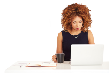 Laptop, desk and business woman with coffee, typing email or search internet in startup. Computer, drink tea and creative copywriter at table writing blog isolated on a transparent png background