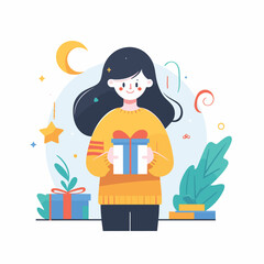 girl holding a gift, present celebrate Christmas New Year concept vector illustrations on a white background