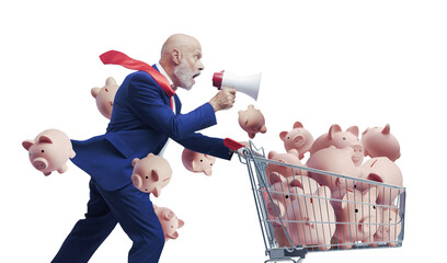 Businessman pushing a shopping cart full of piggy banks
