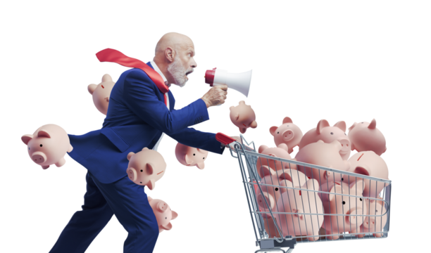 Businessman pushing a shopping cart full of piggy banks