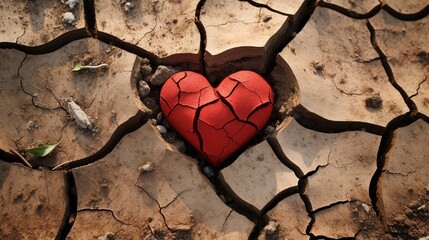 Red heart shape formed naturally in broken dry soil.