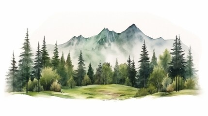 Nature forest lawn scene Watercolor illustration Hand drawn mountains, trees, bush, glade with grass Wild landscape element  nature with mountains, trees, and grass White background.