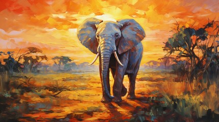 Oil art on canvas of elephant going forward and sunset landscape theme Spectacular warm light of the sun Modern impressionism artwork Palette knife painting. - obrazy, fototapety, plakaty