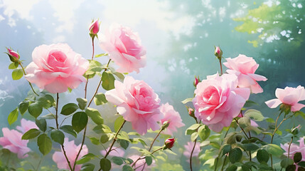 Watercolor painting of roses in a summer garden