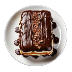 Chocolate Eclair Cake Slice on Plate Isolated on Transparent or White Background, PNG