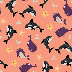 Seamless pattern with sea animals. Shark, killer shark, whale, narwhal.
