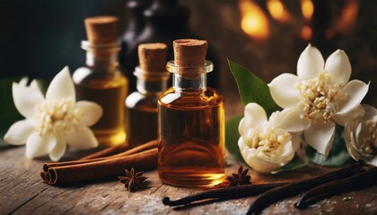 essential oils with jasmine, cinnamon and vanilla on rustic wooden table, retro style. Spa and...
