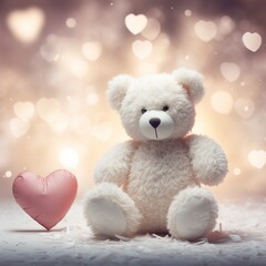 A white teddy bear holding a heart-shaped pillow against a soft and ethereal background