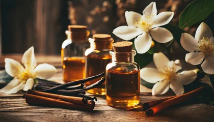 Fensteraufkleber Spa essential oils with jasmine, cinnamon and vanilla on rustic wooden table, retro style. Spa and wellness aromatherapy treatment 