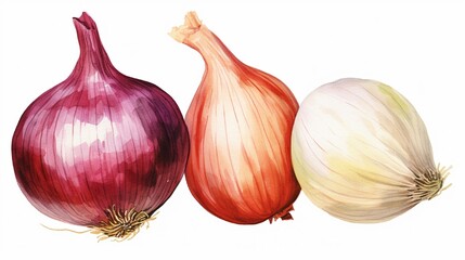 Fototapeta premium Onion golden and red bulb with garlic watercolor illustration Realistic vegetable roots hand drawn image Organic fresh onion and garlic close up group.