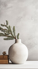 Winter composition of white pine branches, sparkles in vase on white background. Scandinavian Christmas, New Year, winter concept. Front view, copy space