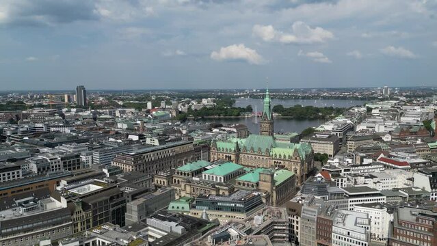 Aerial view in Hamburg Harbor, Germany. Cityscape, elbe river in city centre of Hamburg. The famous historic district in Hamburg from top. Drone fly above architecture of Hamburg.