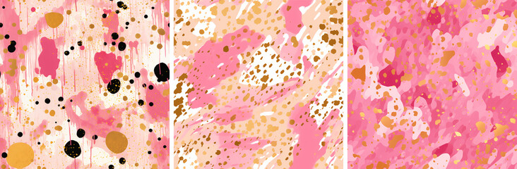 Set of Abstract Messy Seamless patterns with paint stains, brushstrokes in pink, black, gold and white. For Valentine's Day, design, printing, packaging paper, brochure, wallpaper - obrazy, fototapety, plakaty