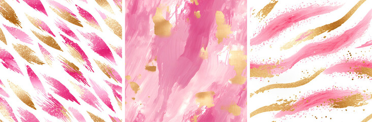 Set of Abstract Seamless patterns with paint brushstrokes in pink, gold and white. For Valentine's Day, Women's Day design, printing, packaging paper, brochure, wallpaper