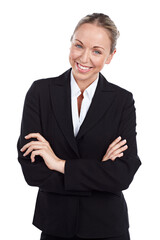 Portrait, business woman with arms crossed and happy isolated on a transparent png background. Face, confidence and professional entrepreneur smile, agent and pride of corporate employee in Canada