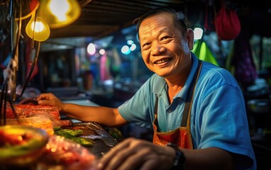 Smiling street food shop owner