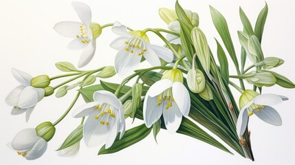 Snowdrops on white background. Hello Spring Easter concept. Beautiful blooming delicate white spring flowers illustration for invitation, greeting card, poster, wallpaper, print, web..