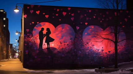 Love-themed murals on the sides of buildings against a dark background create a vibrant and artistic backdrop for a city celebration on Valentine's Day with beautiful compositions. - obrazy, fototapety, plakaty