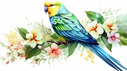 Parakeet, Bright Green Budgerigar, Parrot, Green Pet floral Parakeet, tropical flowers, Watercolor vector illustration, watercolor vintage..
